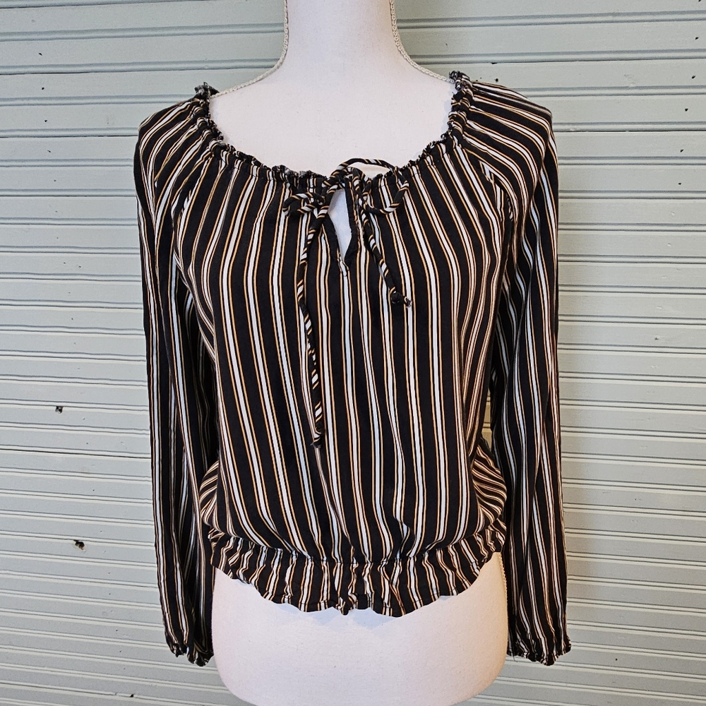 Hollister Black Gold Striped Cinched Waist Long Sleeve Blouse Women Size M